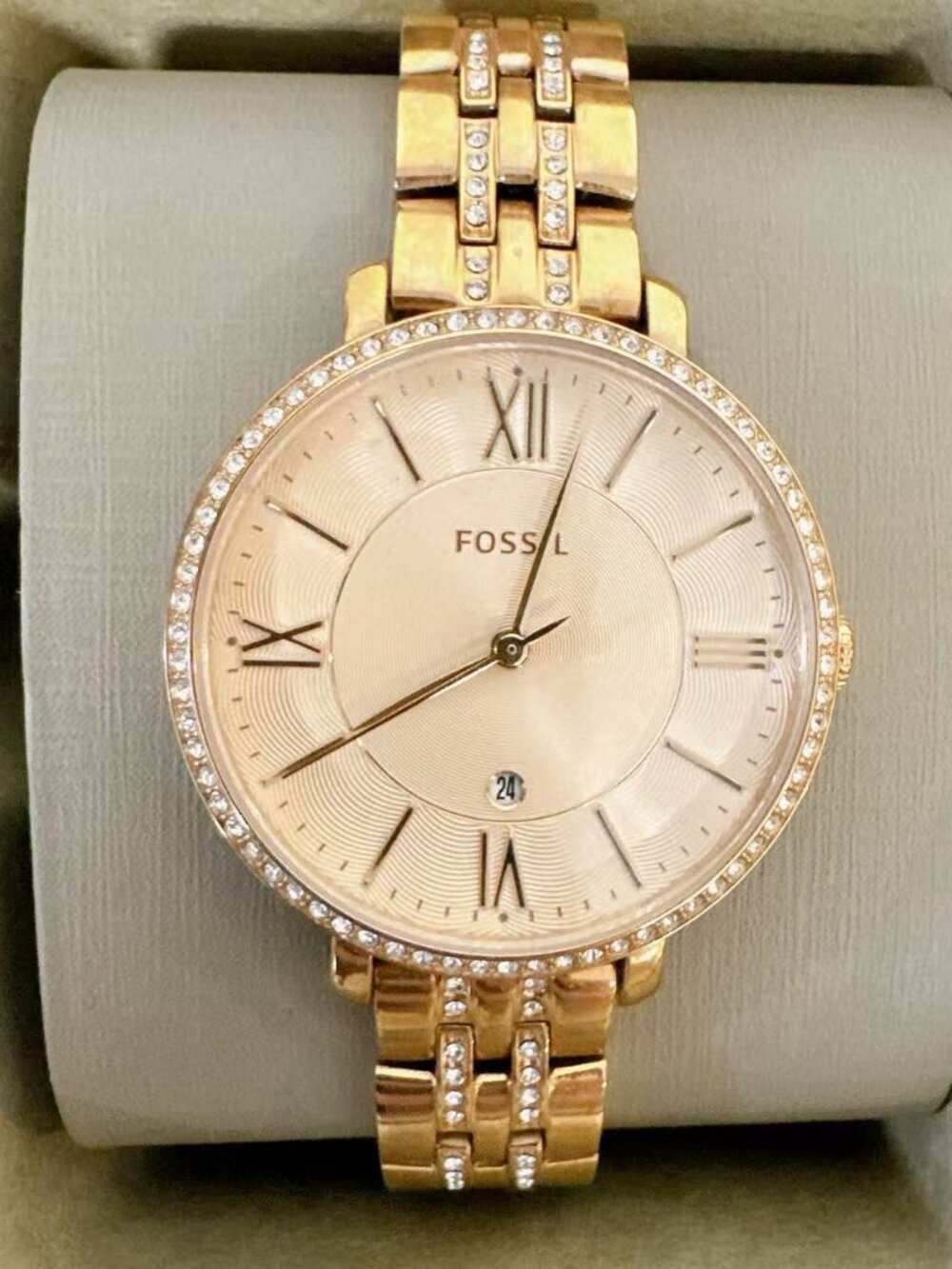 Fossil Jacqueline Rose Gold Crystal Bracelet Date Watch ES3546